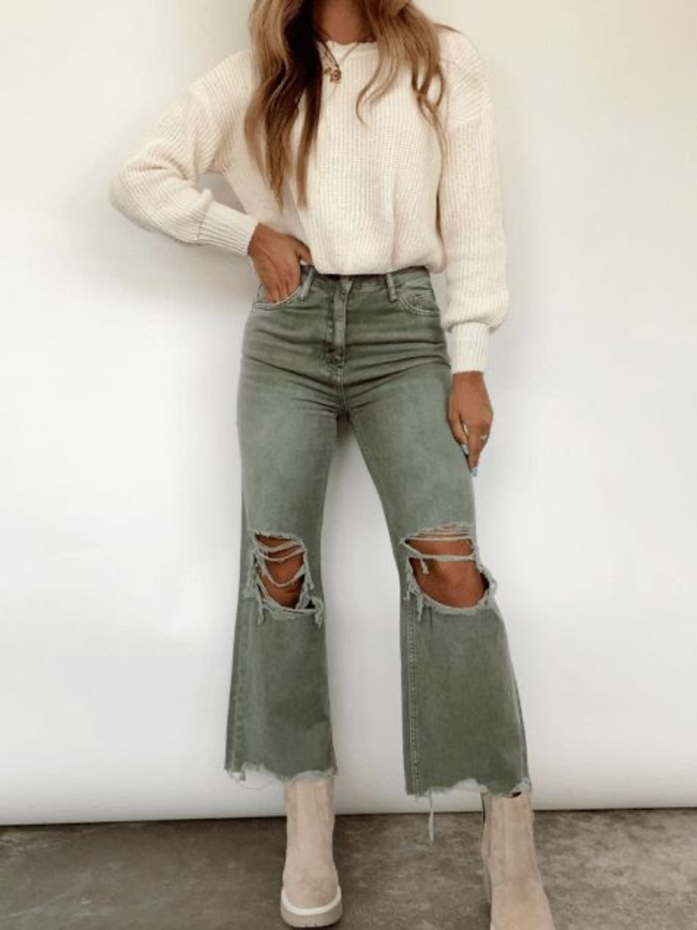Vervet High-Rise Olive Green Distressed Flare Jeans
